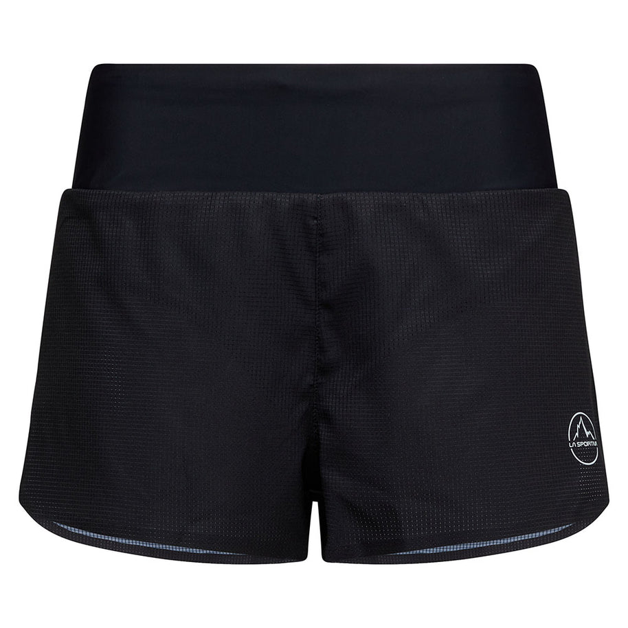Freccia Short - Women by La Sportiva in black lightweight breathable running shorts with elastic waistband and mesh pocket for race day comfort