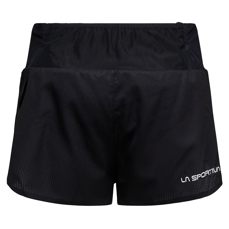 Freccia Short - Women by La Sportiva in black lightweight breathable running shorts with elastic waistband and backside mesh pocket for race day