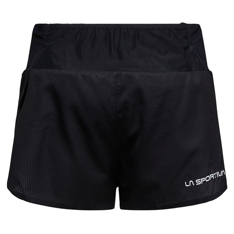 Freccia Short - Women by La Sportiva in black lightweight breathable running shorts with elastic waistband and backside mesh pocket for race day