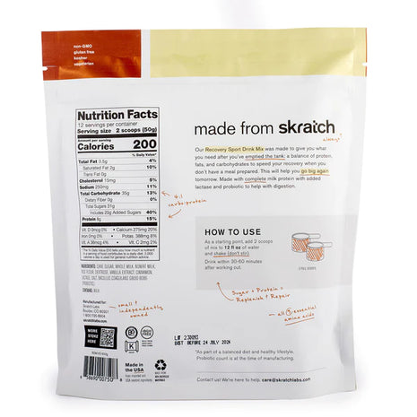 Sport Recovery Drink Mix by Skratch Labs in white and orange packaging, rapid refuel and rehydrate for post-workout recovery