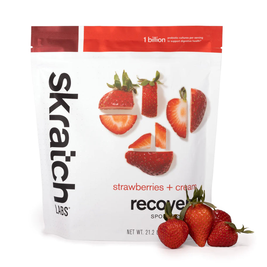 Sport Recovery Drink Mix by Skratch Labs in strawberries and cream flavor, designed to refuel and rehydrate after intense workouts