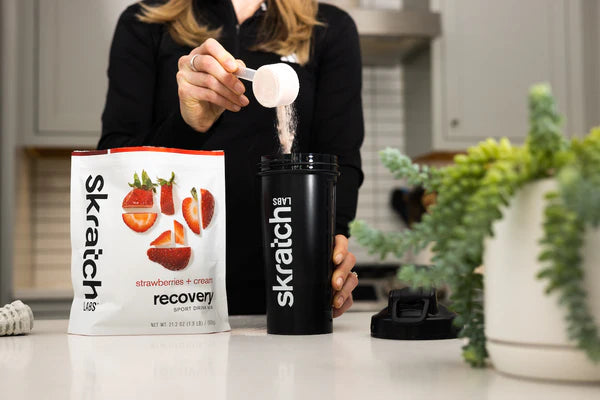 Sport Recovery Drink Mix by Skratch Labs in strawberry cream, nutrition mix for rapid refuel and rehydrate after intense workouts