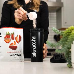 Sport Recovery Drink Mix by Skratch Labs in strawberry cream, nutrition mix for rapid refuel and rehydrate after intense workouts