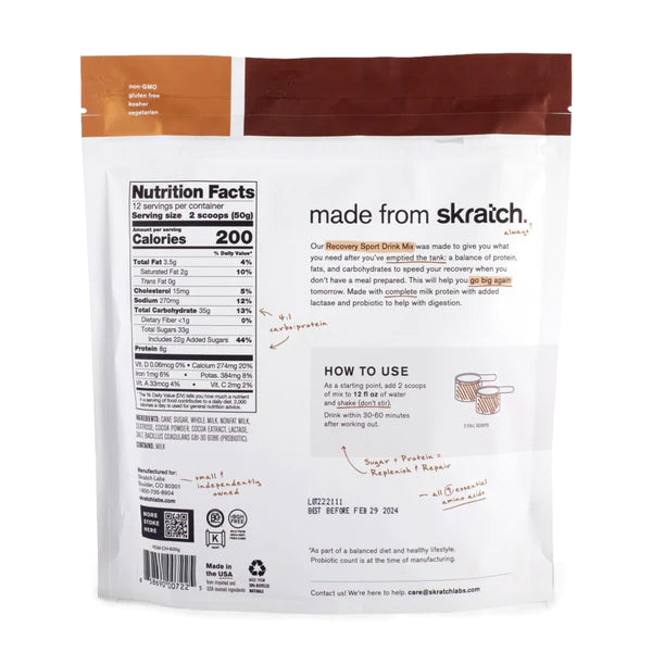 Sport Recovery Drink Mix by Skratch Labs in white and brown pouch, nutrition drink for rapid refuel, rehydrate, and muscle repair after workouts