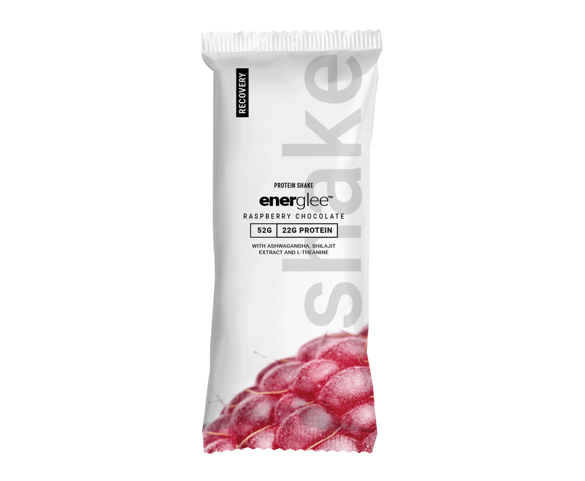 Spring Energy Raspberry Chocolate recovery protein shake single-serve pouch, front view