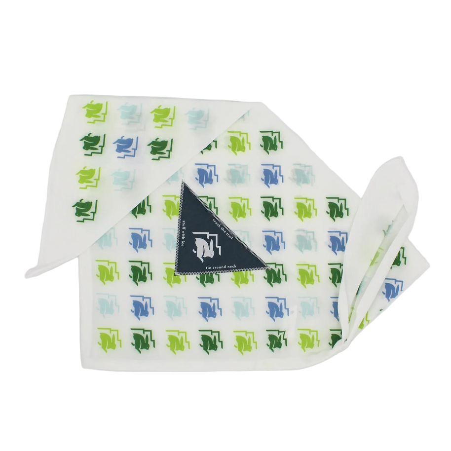 Ice RAD-Dana by Rabbit in white with blue and green print, triangle bandana with ice pocket for cooling during hot running sessions