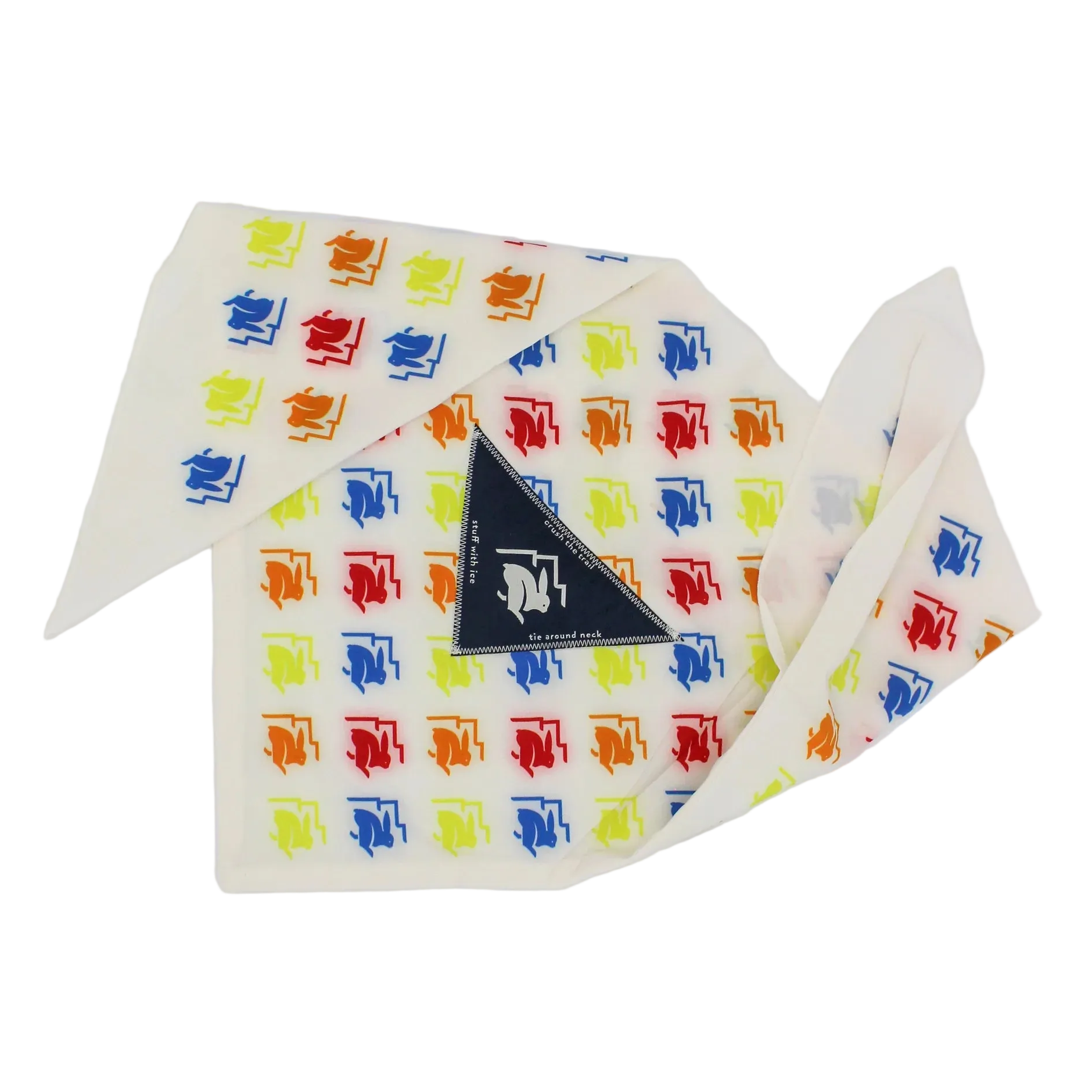 Ice RAD-Dana by Rabbit in white with multicolored logo pattern, triangle bandana with ice pocket, made for cooling during long hot runs