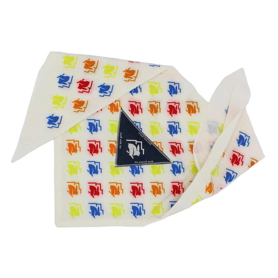Ice RAD-Dana by Rabbit in white with multicolored logo pattern, triangle bandana with ice pocket, made for cooling during long hot runs