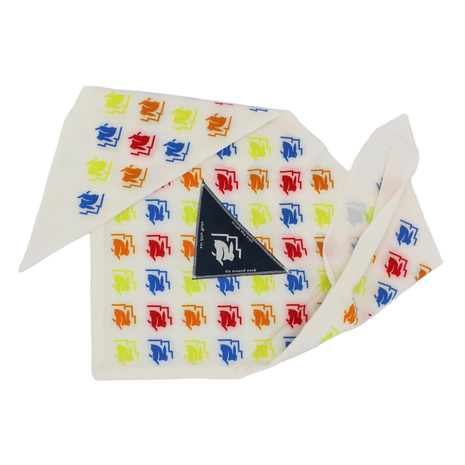Ice RAD-Dana by Rabbit in white with multicolored logo pattern, triangle bandana with ice pocket, made for cooling during long hot runs