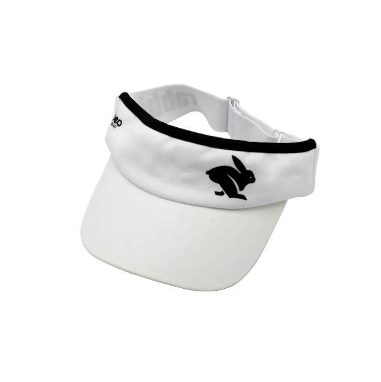 Visor by Rabbit in white with black trim, lightweight moisture-wicking woven fabric and inner sweatband for running and outdoor use