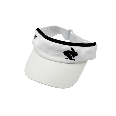 Visor by Rabbit in white with black trim, lightweight moisture-wicking woven fabric and inner sweatband for running and outdoor use