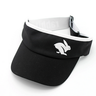Visor by Rabbit in black and white, lightweight moisture-wicking fabric with inner sweatband, ideal for running and outdoor use