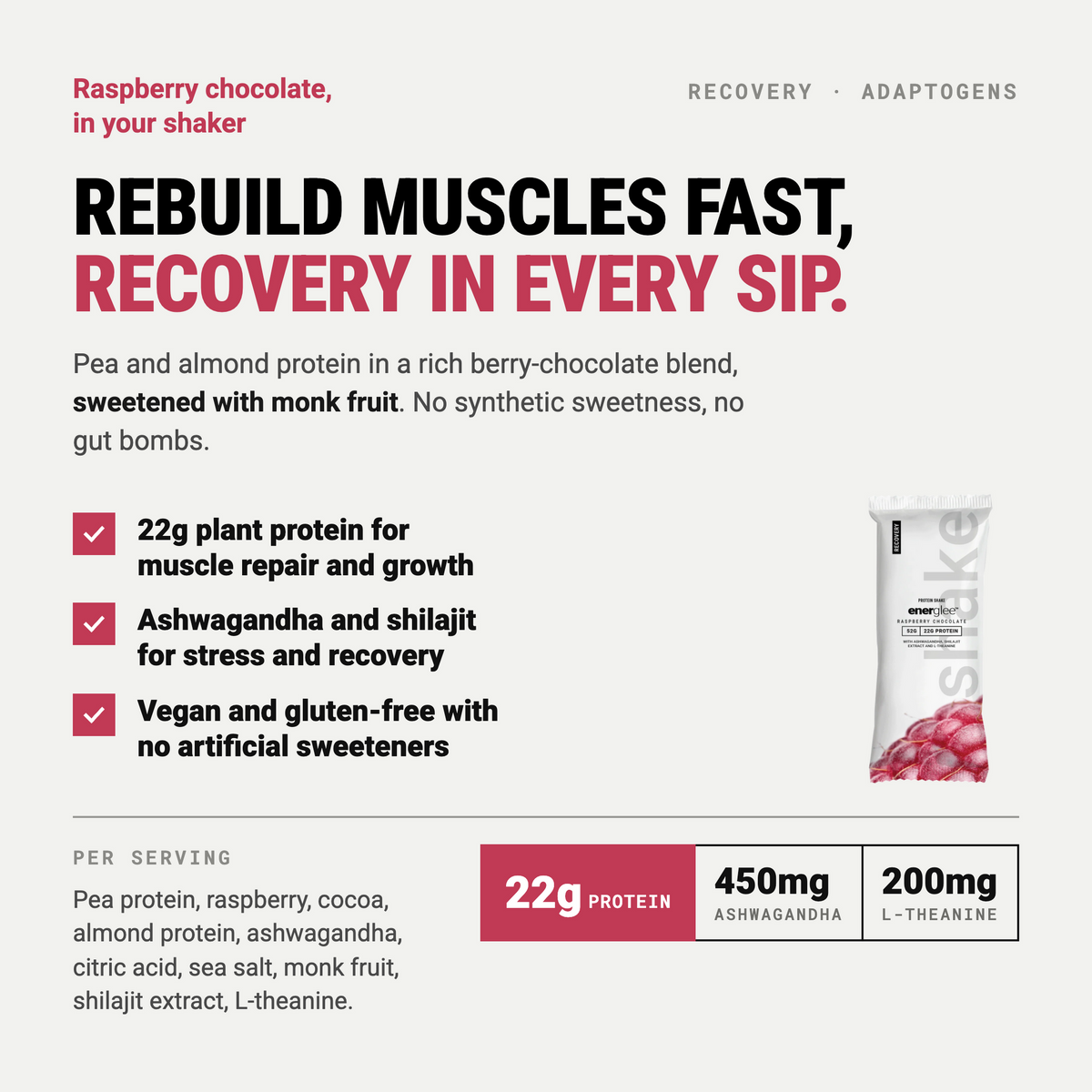 Spring Energy Raspberry Chocolate recovery shake info card showing 22 g plant protein per serving