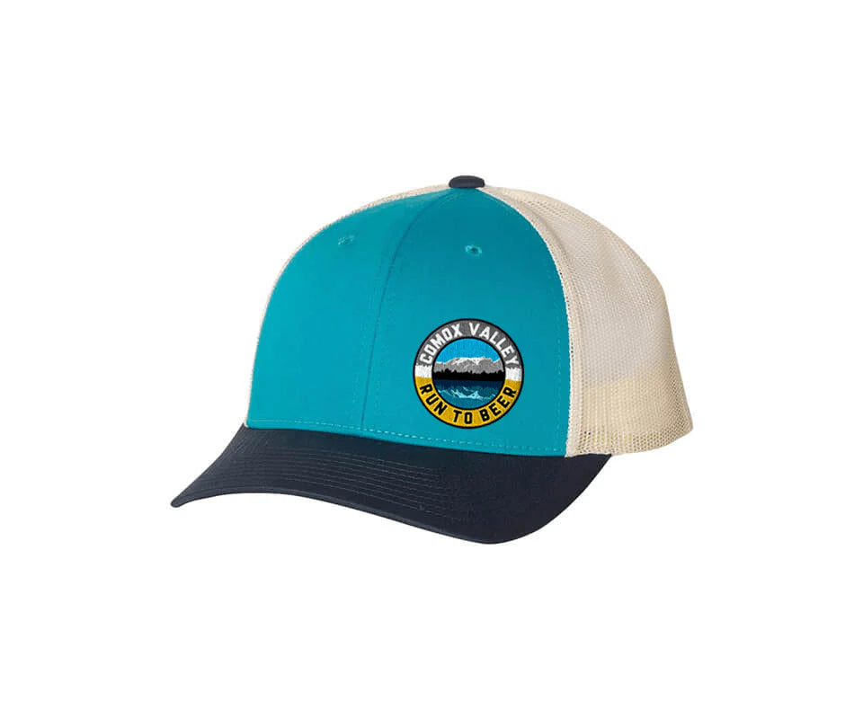 Run to Beer Hats (2025) by Run To Beer in teal, cream, and black mesh trucker hat with logo, supporting event costs and gear.