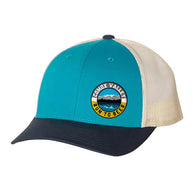 Run to Beer Hats (2025) by Run To Beer in teal, cream, and black mesh trucker hat with logo, supporting event costs and gear.