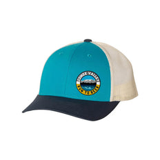 Run to Beer Hats (2025) by Run To Beer in teal, cream, and black mesh trucker hat with logo, supporting event costs and gear.