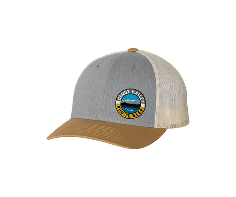 Run to Beer Hats (2025) by Run To Beer in grey, beige, and brown with mesh back, official charity cap supporting running events in Canada