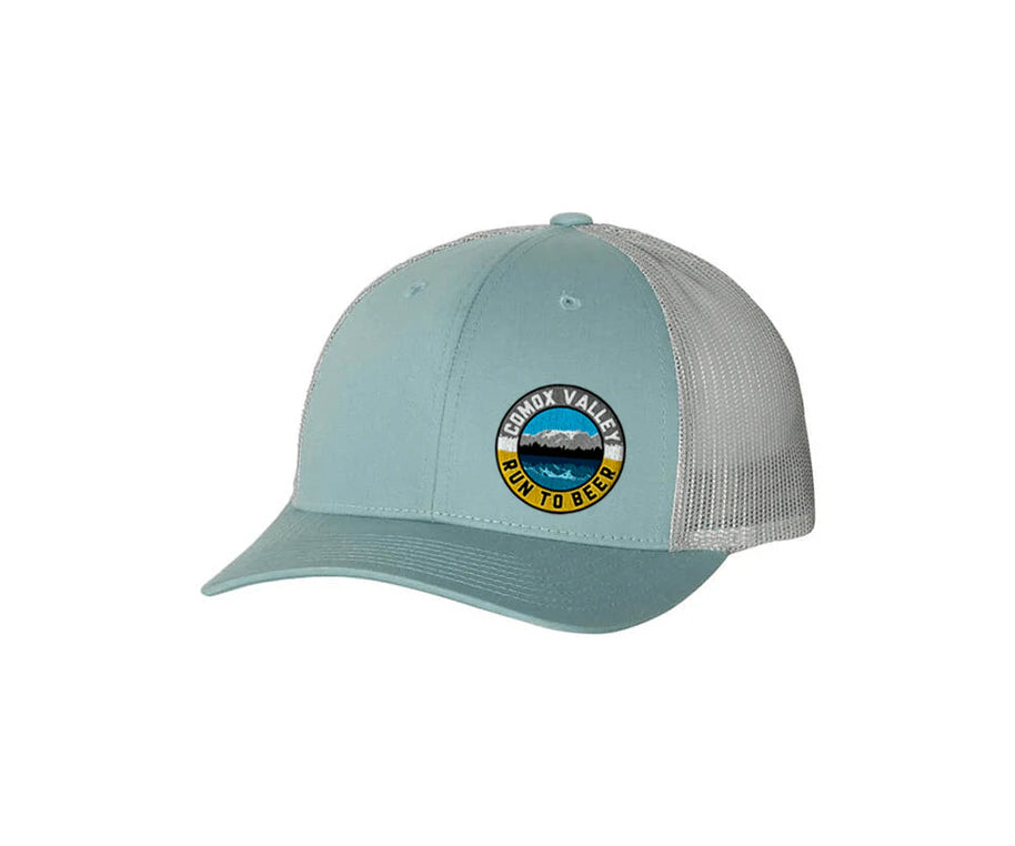 Run to Beer Hats (2025) by Run To Beer in blue and white mesh, breathable cap supporting charity with proceeds for event tents and gear.