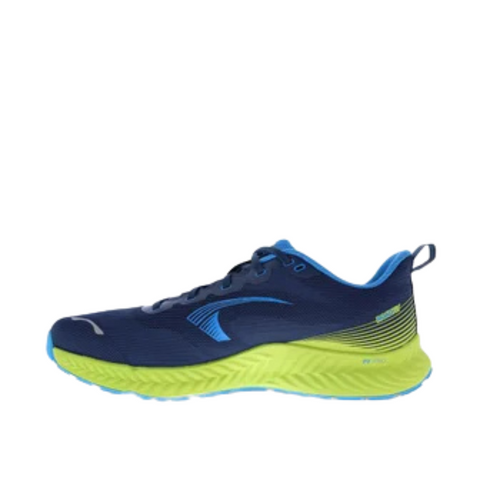 RoadFly - Men running shoe by Inov8 in navy blue and bright green designed for fast road running on pavements and paths.