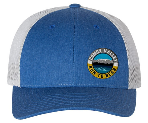 Run to Beer Hats (2025) by Run To Beer in blue and white mesh, adjustable hat supporting event gear and outdoor running activities