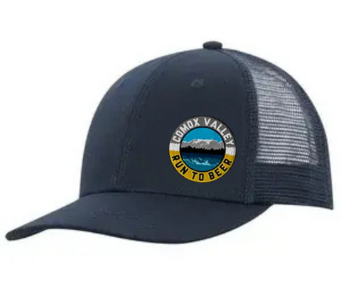 Run to Beer Hats (2025) by Run To Beer in navy blue with mesh back, durable hat supporting event tent and carry bag costs fundraising