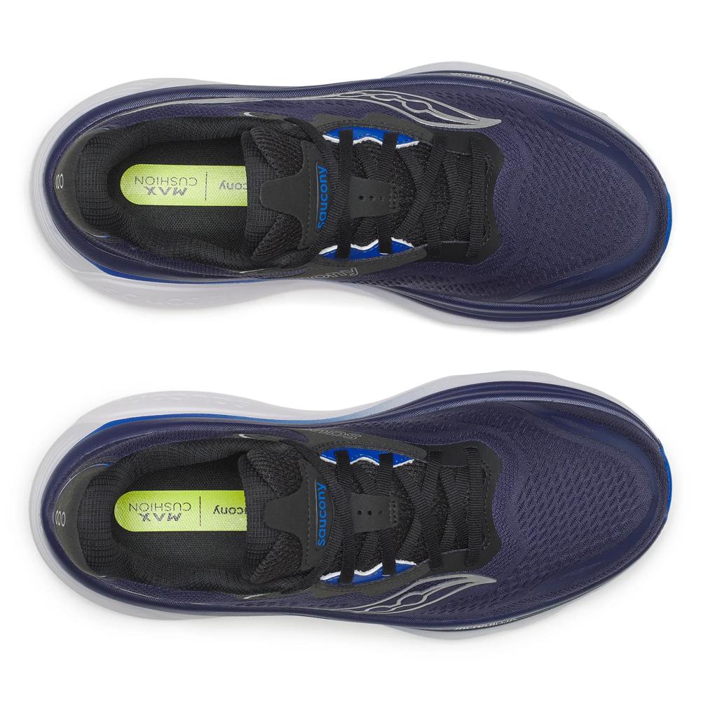 Pair of Saucony Hurricane 26 men's road running shoes in Naval/Black, top-down view with black laces