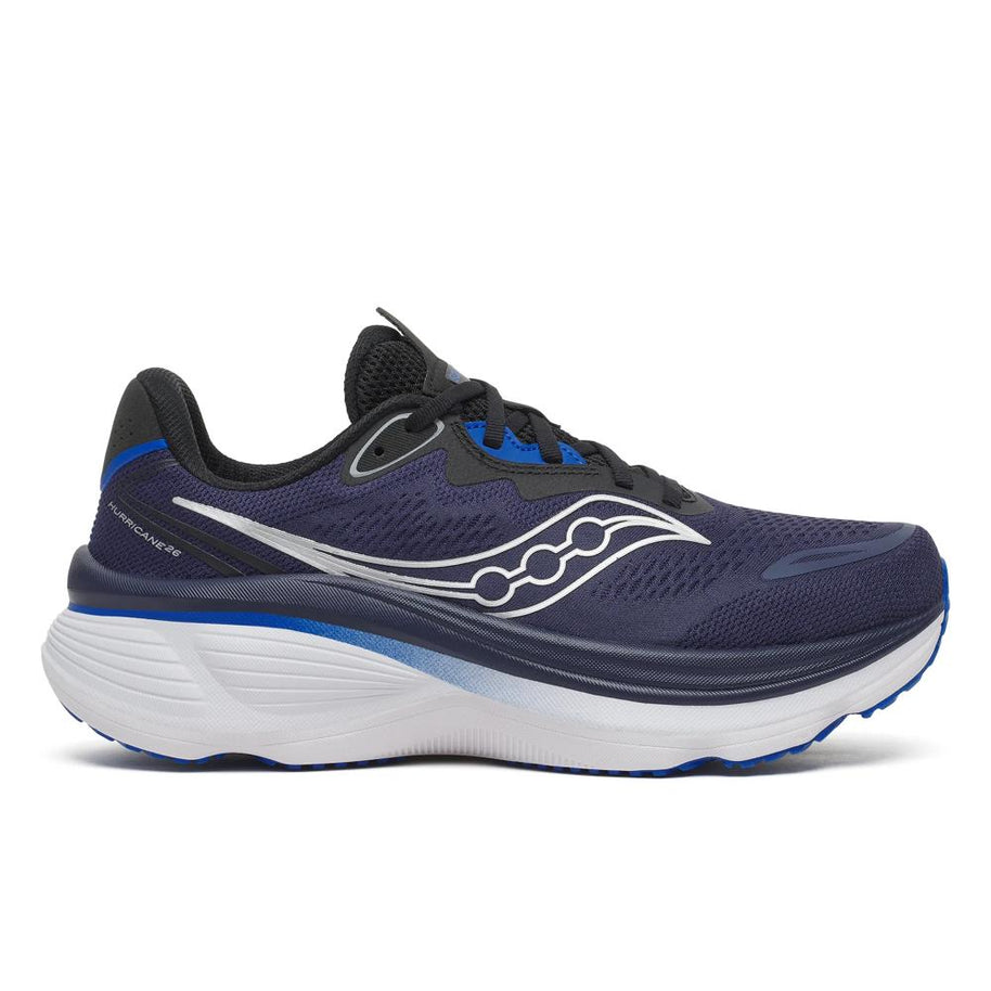Saucony Hurricane 26 men's road running shoe in Naval/Black, side view of navy upper with blue midsole trim