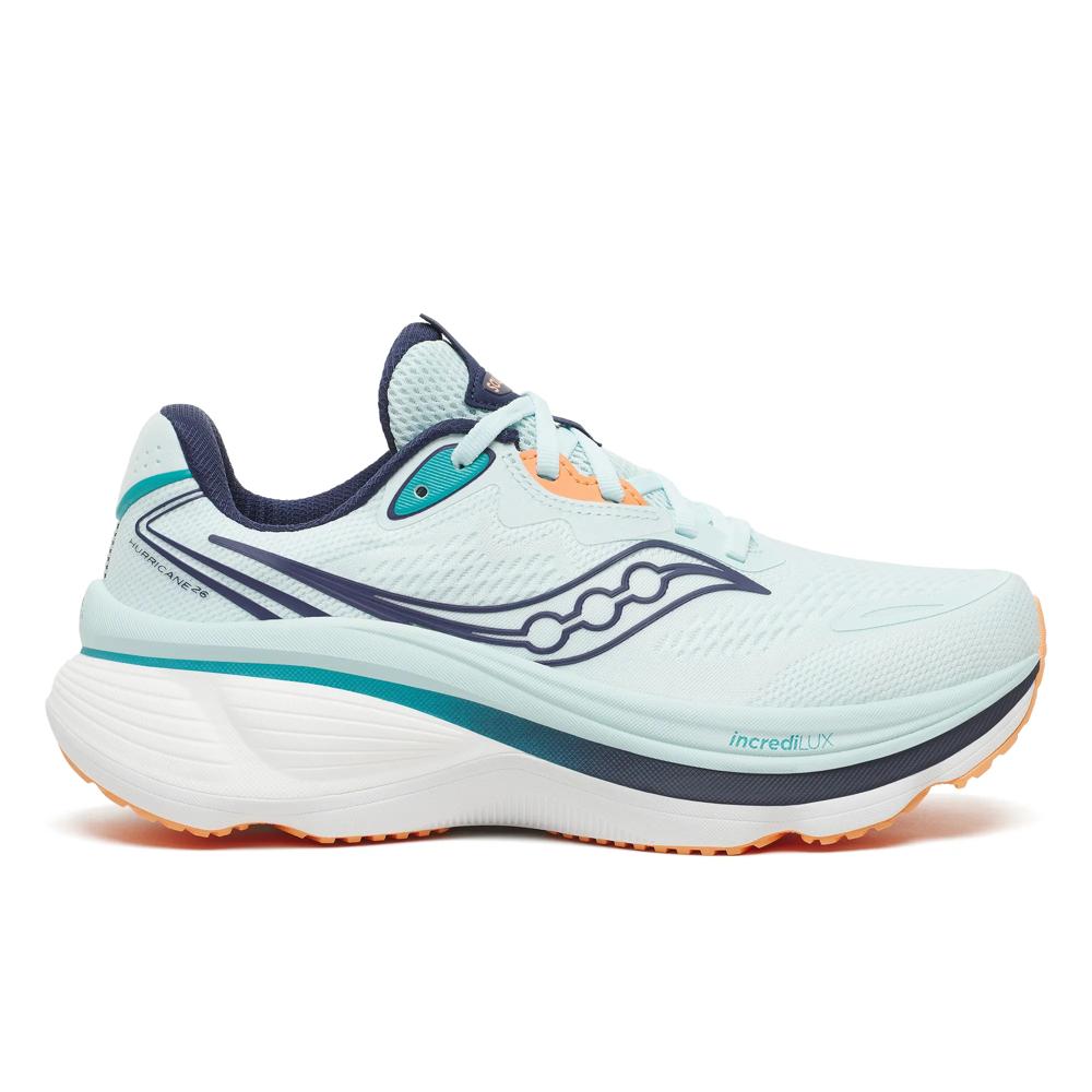 Saucony Hurricane 26 women's road running shoe in Spa/Naval, side view of pale aqua upper with navy logo and orange outsole