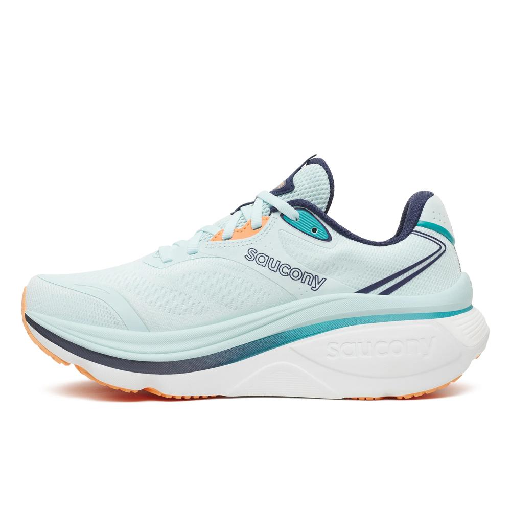 Inner side of the Saucony Hurricane 26 women's running shoe in Spa/Naval with teal midsole stripe and embossed logo