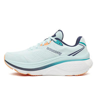 Inner side of the Saucony Hurricane 26 women's running shoe in Spa/Naval with teal midsole stripe and embossed logo