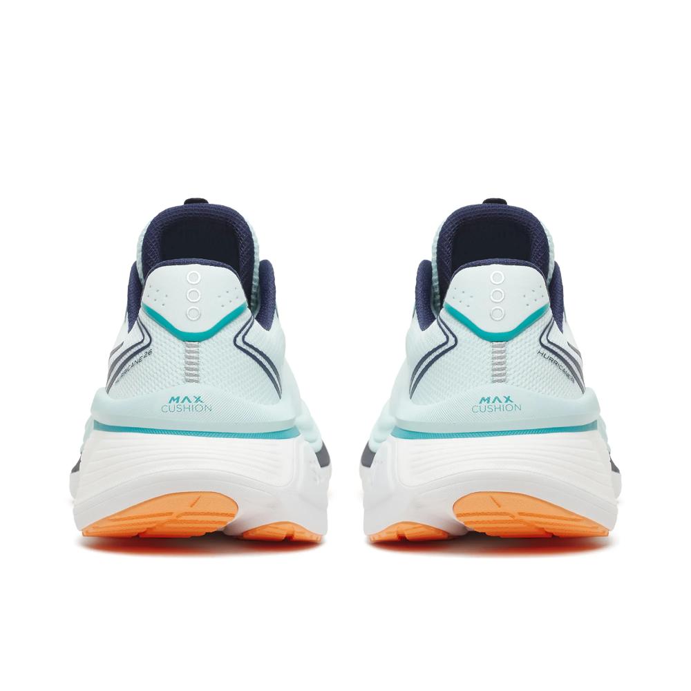 Back heel view of Saucony Hurricane 26 women's running shoes in Spa/Naval with navy heel tabs and white midsoles