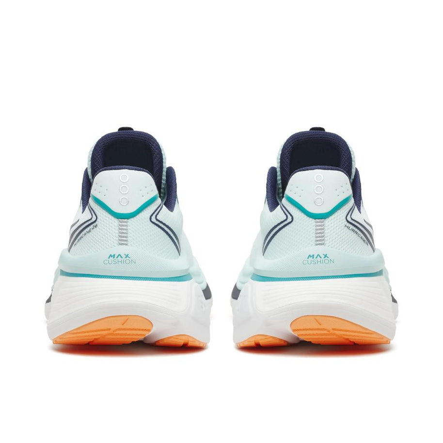 Back heel view of Saucony Hurricane 26 women's running shoes in Spa/Naval with navy heel tabs and white midsoles