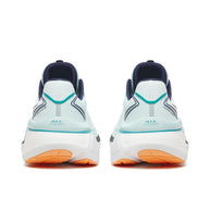 Back heel view of Saucony Hurricane 26 women's running shoes in Spa/Naval with navy heel tabs and white midsoles
