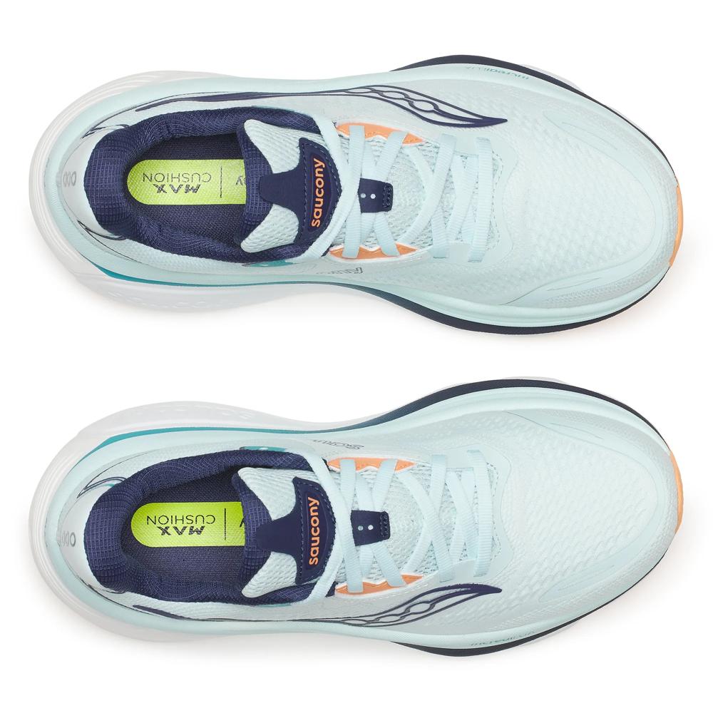 Top-down view of a pair of Saucony Hurricane 26 women's running shoes in Spa/Naval showing pale aqua mesh and navy collar
