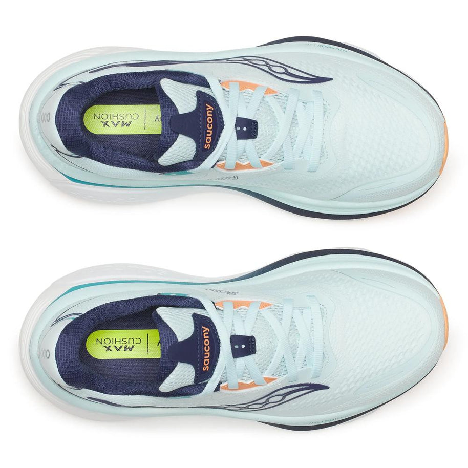 Top-down view of a pair of Saucony Hurricane 26 women's running shoes in Spa/Naval showing pale aqua mesh and navy collar