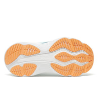 Outsole of the Saucony Hurricane 26 women's running shoe in Spa/Naval with orange rubber pads on a white base