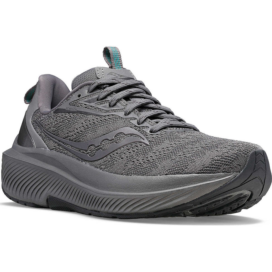 Echelon 9 Wide - Women by Saucony in grey with teal accents, roomy cushioned running shoe designed for comfort and stable ride