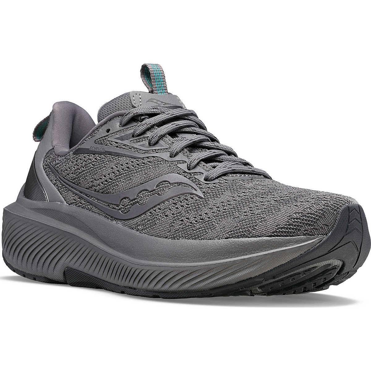 Echelon 9 - Women by Saucony in grey with teal accents, cushioned road running shoe for maximum comfort and stable ride