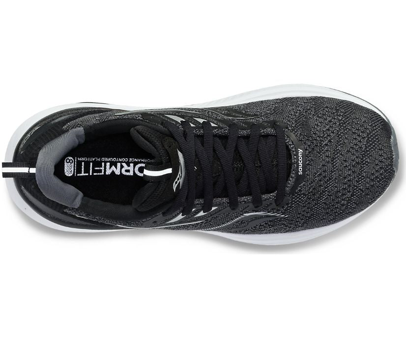 Echelon 9 X-Wide - Women by Saucony in black and grey, cushioned running shoe with roomy fit and stable ride for maximum comfort and long runs
