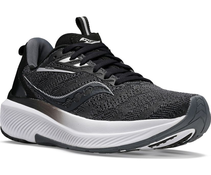 Echelon 9 X-Wide - Women by Saucony in black and grey, lightweight road shoe with max cushioning and roomy fit for comfortable running and walking