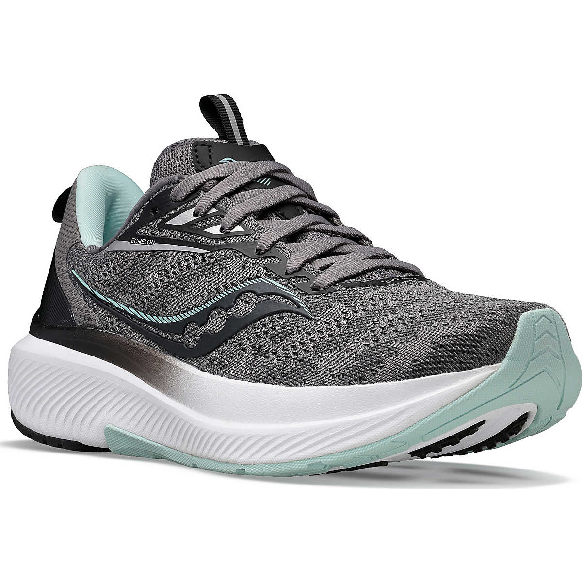 Echelon 9 - Women by Saucony in grey and light blue, cushioned road running shoe with roomy fit for comfort and stable ride