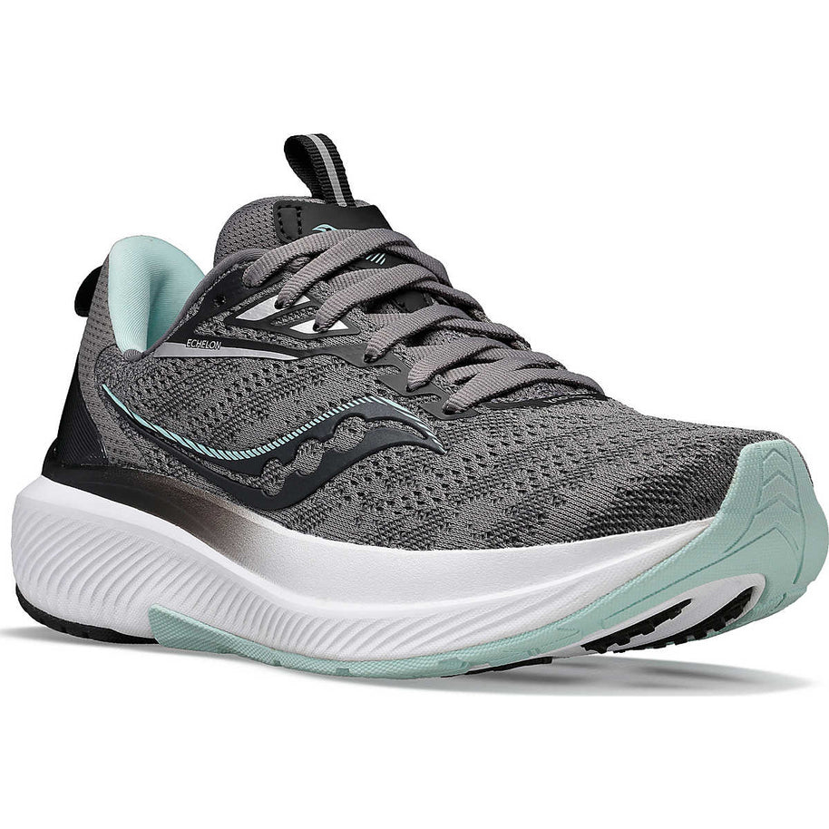 Echelon 9 - Women by Saucony in grey and light blue, cushioned road running shoe with roomy fit for comfort and stable ride