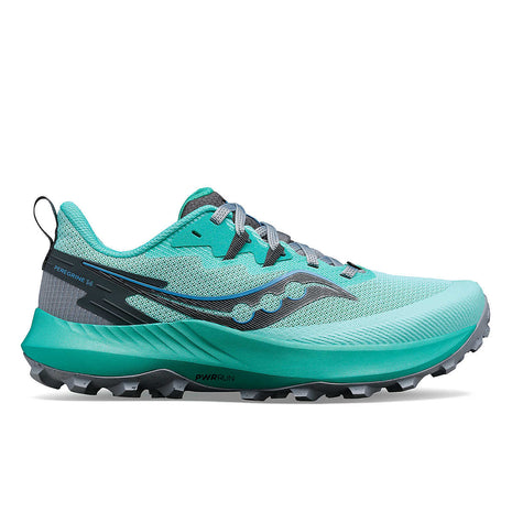 Peregrine 14 - Women by Saucony in teal and grey, cushioned trail running shoe with max protection and freedom for outdoor exploration