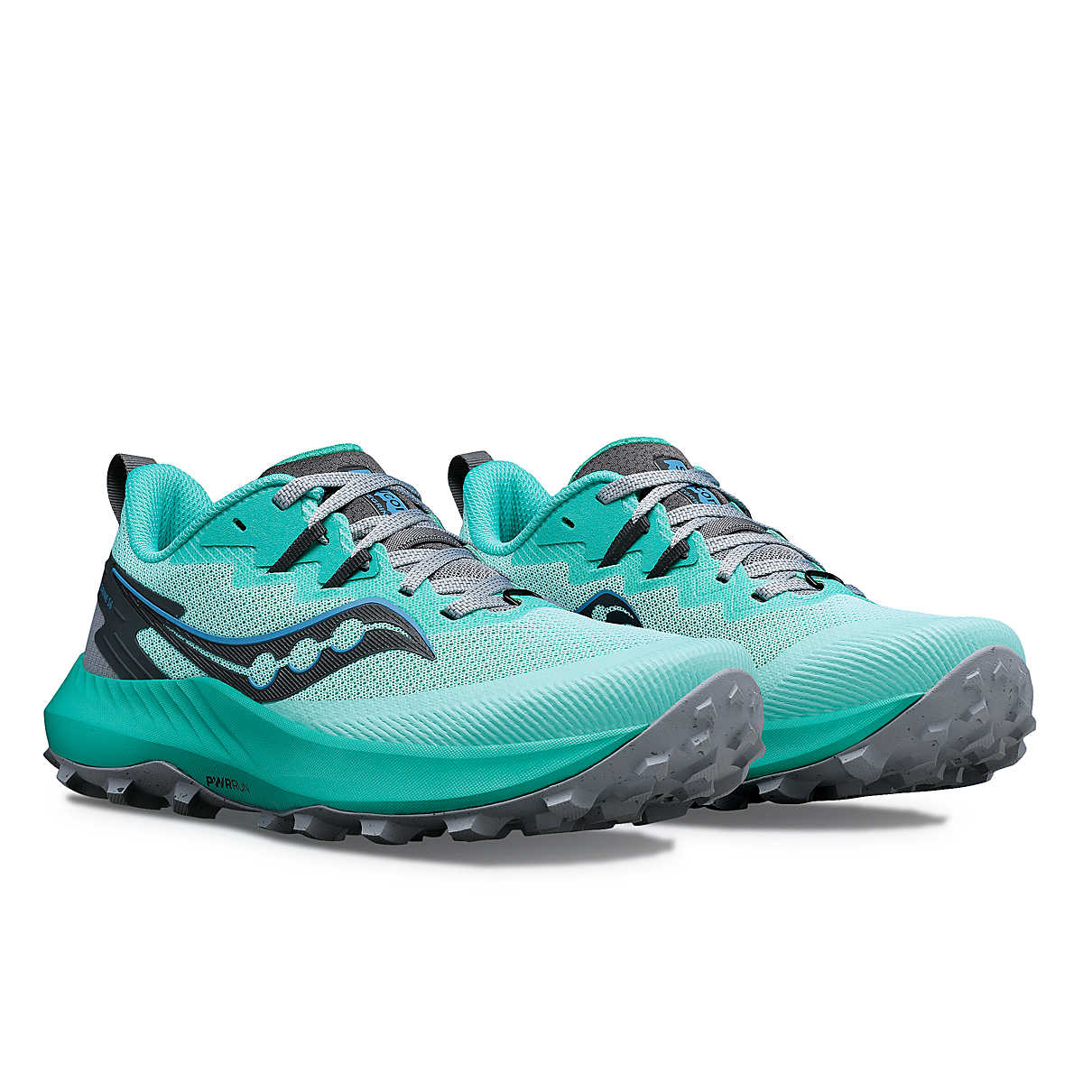 Peregrine 14 - Women by Saucony in teal and grey, trail running shoe with max protection and ultimate freedom for outdoor exploration