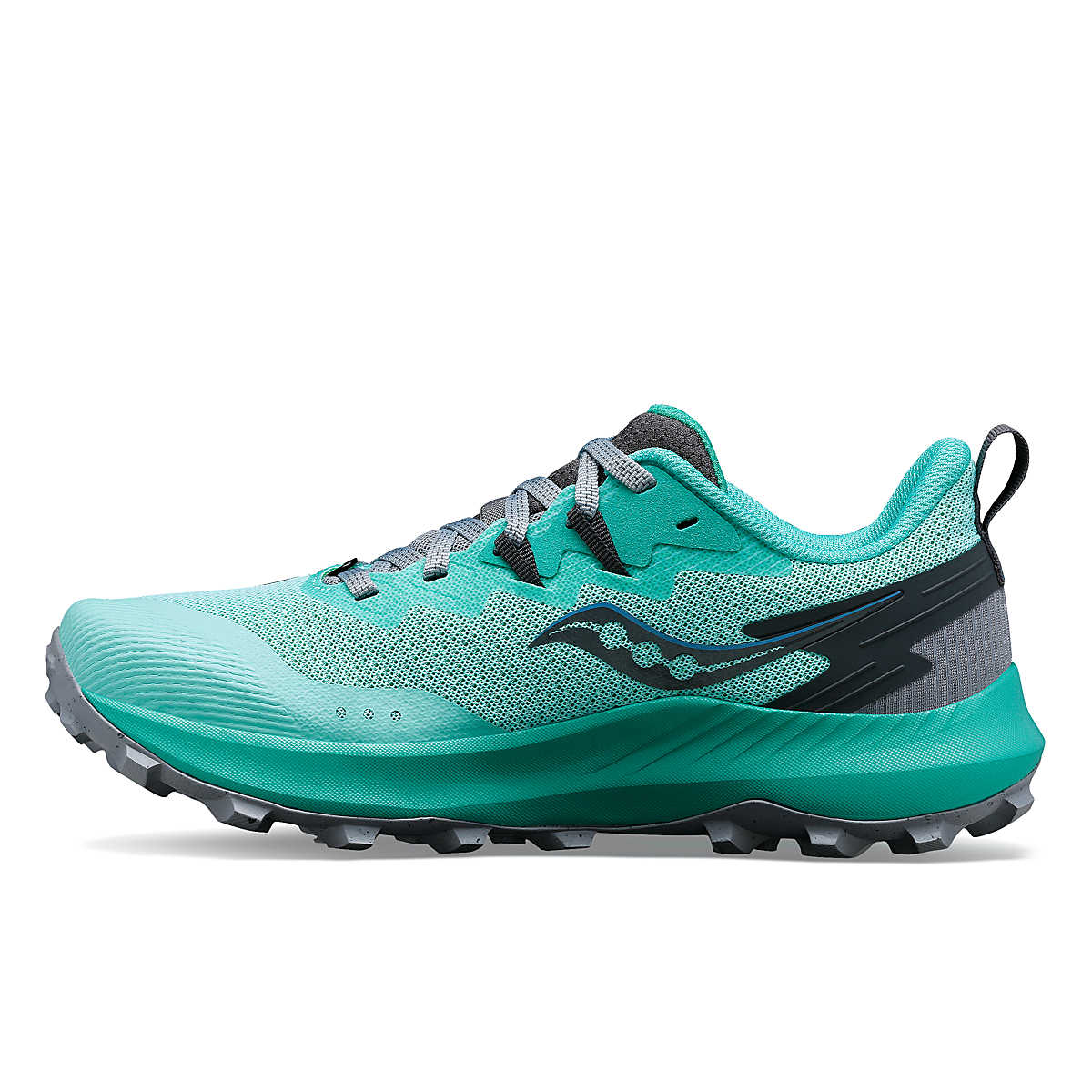 Peregrine 14 - Women by Saucony in teal and grey lightweight trail shoe with max protection and comfort for outdoor running and exploring