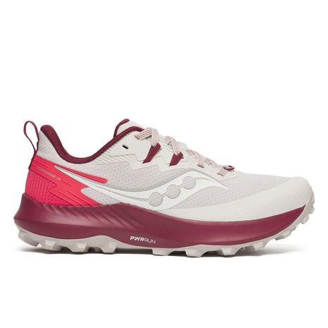 Peregrine 14 - Women by Saucony in light beige and burgundy, trail running shoe with max protection and ultimate freedom for outdoor exploration