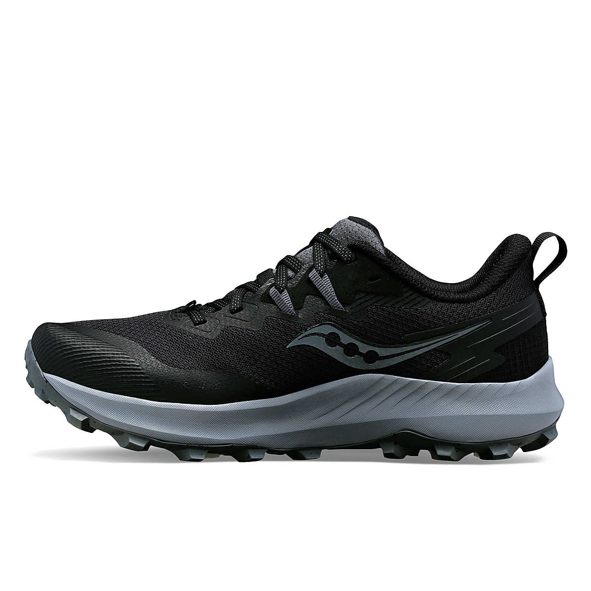 Peregrine 14 Wide - Women by Saucony in black and grey, trail running shoe with max protection and ultimate freedom for outdoor exploration