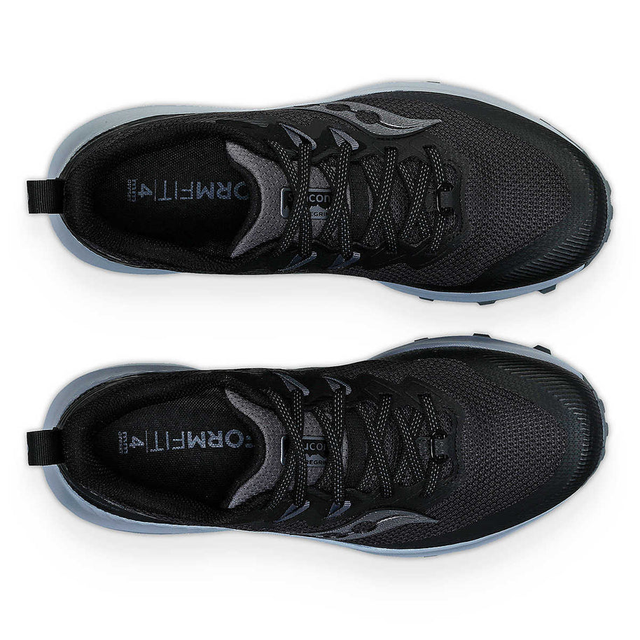 Peregrine 14 Wide - Women by Saucony in black and grey, lightweight trail running shoe with max protection and freedom for outdoor exploration