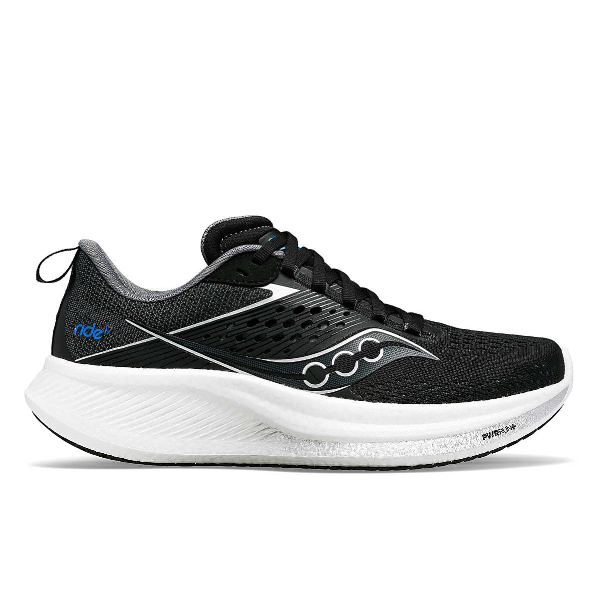 Ride 17 - Women by Saucony in black and white, cushioned road running shoe with PWRRUN+ foam for comfort-first performance and daily running