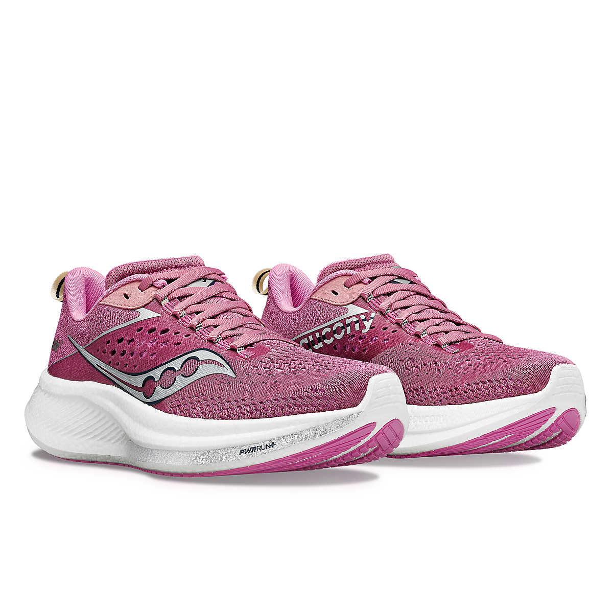 Ride 17 - Women by Saucony in pink with advanced PWRRUN+ foam cushioning, lightweight road running shoes for comfort and performance
